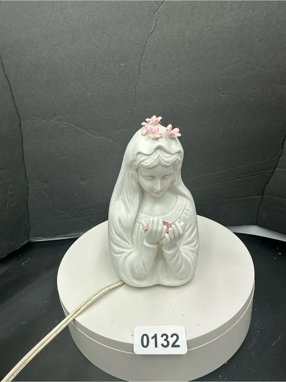 White Ceramic Virgin Mary Figurine with Pink Flower Accents